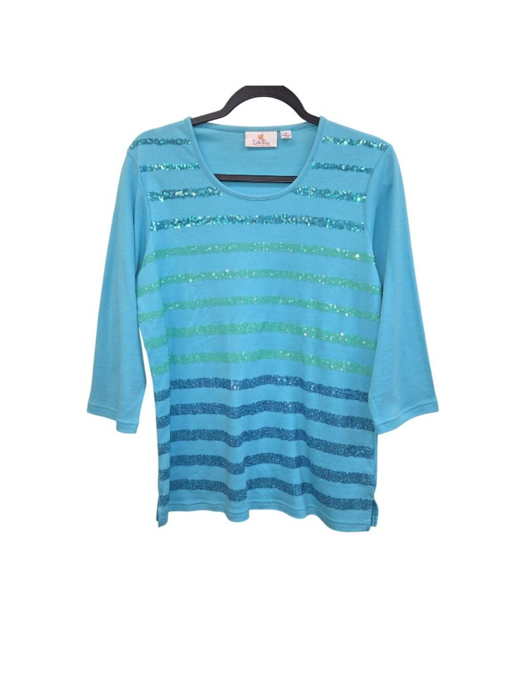 Quacker Factory Womens S Blue Sequin Striped 3/4 Sleeve Top 4580